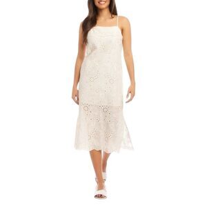 Karen Kane Cotton Eyelet Midi Dress Adjustable Straps Scalloped Hem Ivory M NWT